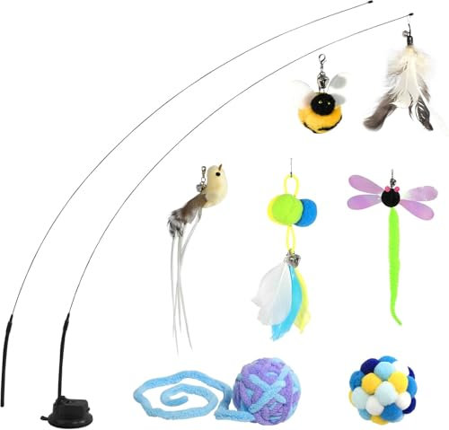 Hengsong Katzenspielzeug Interaktives 10er,mit Katzenangel,Katzenspielzeug Vogel,Federspielzeug für Katzen,Katzenball,für Katzen Intelligenzspielzeug&Selbstbeschäftigung,Bunt