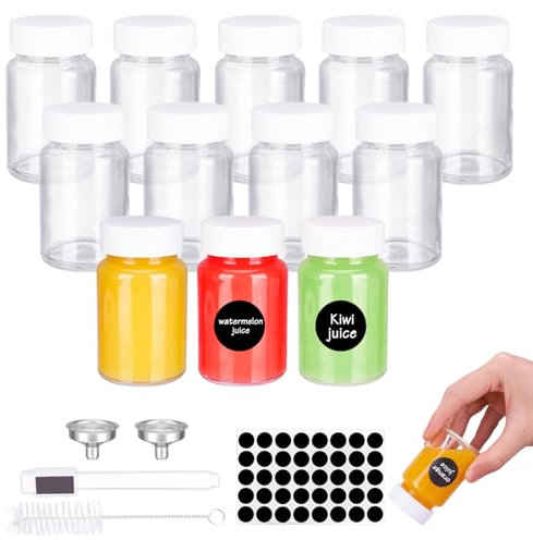 Farnirvana 12 Stück 60ml Shot Flaschen zum Befüllen, Mini Glasflaschen mit Deckel, Wiederverwendbares Kleine Flaschen mit Stift, Trichter und Etiketten für Ingwer Smoothie Saft