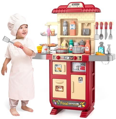 BLmukce Kids Kitchen Toy and Play Food Set, Pretend Cooking Kit with Cookware, Utensils, Fruits and Vegetables, Food Role Play Set for Toddlers and Children (Red-2)