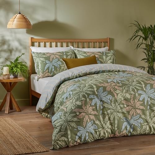 furn. Duvet Day Kentia Duvet Cover Set – Reversible Tropical Printed Bedding with Palm Tree and Geometric Print (Palm Green - King)