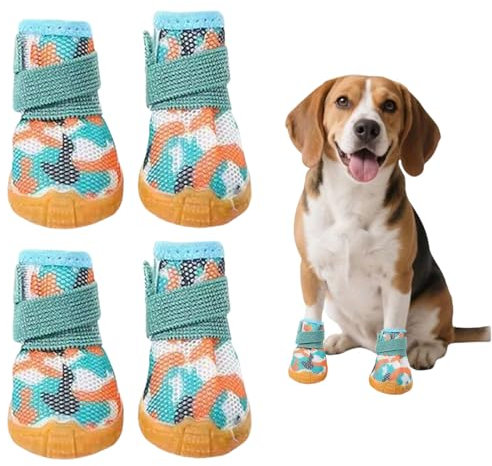 4 Stück Hundeschuhe Pfotenschutz für Kleine Hunde, Sommer Atmungsaktive Hundestiefel mit Anti-Rutsch Gummisohle, Hundeschuhe Pfotenschutz für heiße Straßen Spazierengehen Outdoor (Grün, S)