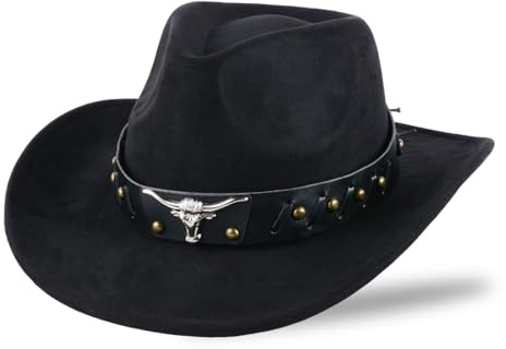 MYKAGS Chapeau de Cowboy pour Femmes et Hommes, Chapeaux Western en Daim, Chapeau Panama, Chapeaux de Cow-Boy à Large Bord, Cow-Girl Western en Daim (Noir 2)