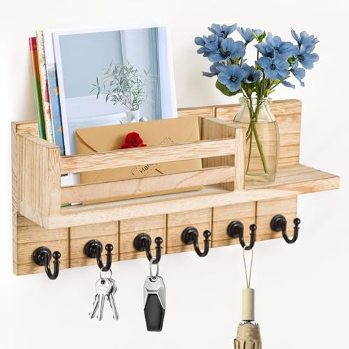 JF HOME BLISS Key Holder for Wall with 6 Hooks & Mail Shelf Rustic Wooden Key Rack Wall Mounted Entryway Organizer for Keys Mail Sunglasses for Hallway Kitchen Office Bedroom (Wood)