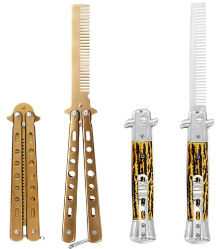 2 Pieces Practice Combs, Stainless Steel Butterfly Comb, Automatic Folding Pocket Comb for Hair & Mustache Styling - Yellow