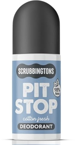 Scrubbingtons Pit Stop 98% Natural Deodorant For Women, Men, Roll on For Sensitive Skin Made in UK. Paediatrician approved, Aluminium & Alcohol Free, Vegan & Cruelty Free, Cotton Fresh, 75ml