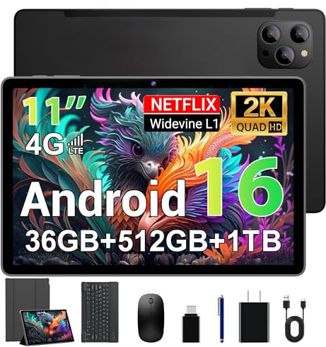 FASTWD Tablet 11 Pollici Android 16 Tablet con 4G LTE e 5G WiFi,36GB+512GB/2TB,13MP+8MP,8000mAh,OctaCore,Widevine L1/BT5.0/Face ID/OTG/GPS,tablets con Tastiera,Mouse,Nero