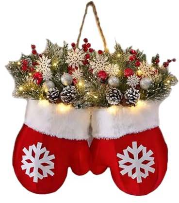 dijiusidy Funkelnder Weihnachtshandschuh-Kranz für die Haustür, Weihnachtskranz mit Lichtern, Leuchtender Weihnachtshandschuh-Kranz mit künstlichen Tannenzweigen (Fäustlingkranz)