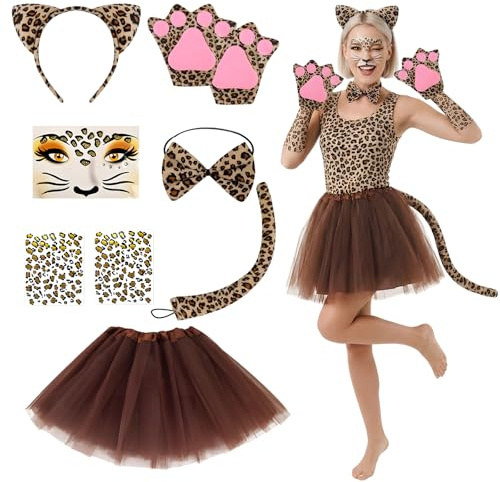 ZexJpr Leoparden Kostüm Damen, 6 Stück Leopard Kostüm, Leoparden Ohren, Handschuhen, Braunes Kleid, Schwanz und Gesichtsaufklebern, für Tierkleidung, Mottopartys und Cosplay-Veranstaltungen