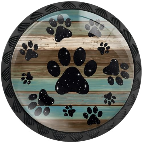 Artinhand 4 Pack Dog Paws Cabinet Knobs for Kitchen Bathroom | Vintage Teal Brown Wood Grain Drawer Pulls Round Black Dresser Handles Hardware for Desk Cupboard Wardrobe Closet Door Decor