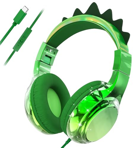 QearFun Kids Unicorn Headphones with USB C for Girls with Microphone, 85/94dB Safe Volume Limiter, Tangle-Free Cord, Share Port, Foldable Sparkly Wired Headset for School, Travel, Tablet, iPad