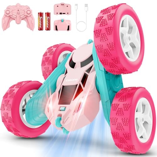 cosone Ferngesteuertes Auto für Kinder 6-12 Jahre, 4WD Stunt RC Auto mit LED & 360° Überschlag, 2,4GHz, Geburtstagsgeschenk für Jungen und Mädchen im Alter von 8-10 Jahren- Rosa Modularer Akku
