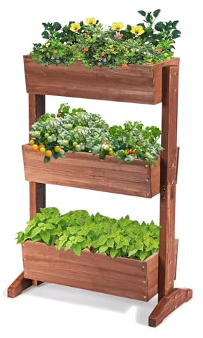 GOPLUS Hochbeet mit 3 Etagen, vertikales Blumenbeet aus Tannenholz, Blumentreppe mit 3 Blumentrögen & Ablauflöchern, Pflanzkästen Pflanzbeet für Garten, Balkon & Terrasse, 71 x 38 x 105 cm, Braun