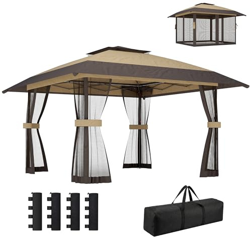 Outsunny Gazebo Pieghevole 4x4 m Pop Up con 4 Zanzariere Laterali, Gazebo da Giardino Altezza Regolabile con Tetto Doppio, Borsa da Trasporto, Sacco di Sabbia, UV30+, per Esterno Feste, Cachi Marrone