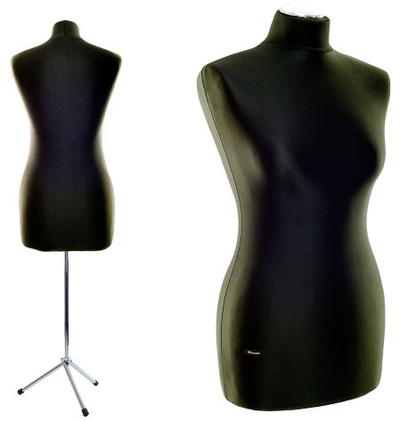 Schneiderpuppe LUCCESI | zum Probierpreis! | Größen S - XL (Female) | Torso Size: S (34-36) | Wechselbezug schwarz | Metall-/Chrom-Dreibein | Damen - Schaufensterpuppe