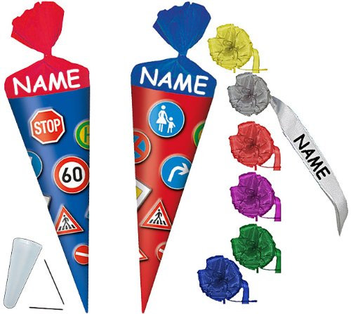 alles-meine.de GmbH 1 STK. Schultüte - Verkehrszeichen 20 cm - incl. Namen und individueller Schleife mit Kreppabschluß - mit/ohne Kunststoff Spitze - Zuckertüte Fahrschule Fah..