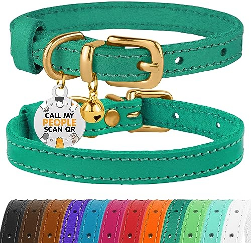 BRONZEDOG Leather Cat Collar with Removable QR-ID Tag – Kitten Collar with Bells, Non-Breakaway, for Girls & Boys (23-28 cm, Green & Gold)