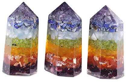 mookaitedecor Set mit 3 Heilkristallstäben, 5,1 cm, polierte Trommelsteinspitzen, 6 facettierte Reiki-Chakra-Meditations-Therapie-Dekor, 7 Chakra