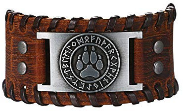 Flongo Lederarmband Männer Groß Leder Armband Herren Armreif Wikinger Wolfspfote Wolf Paw Manschette Schwarz Braun Verstellbar Motorradfahrer Biker Herren-Accessoires