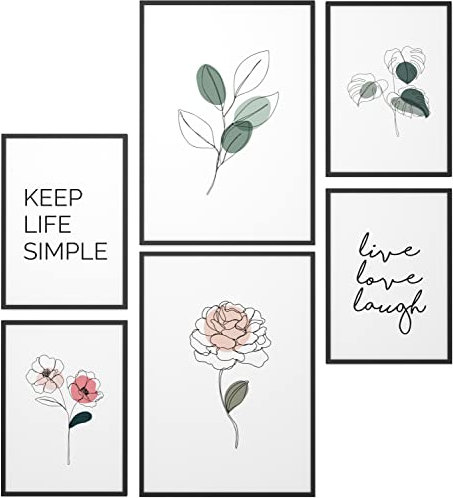 Papierschmiede® Mood Poster Set Little Green, Fertiges Bilder Set mit Rahmen (Holz, schwarz), Wohnzimmer Deko Schlafzimmer, 2x DIN A4 und 4x DIN A5, Pflanzen Blumen Grün Zeichnung