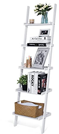 HYNAWIN Ladder Shelf 5-Tier Bookshelf –Bamboo Storage Rack Shelves Wall Leaning Shelf,White Free Standing Plant Flower Stand, Corner Display Bookcase
