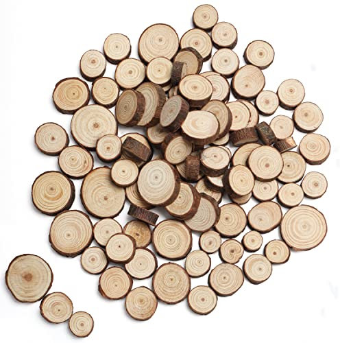 Kurtzy Natürliche Holzscheiben zum Basteln (100 Stk.) 1,3-3,3 cm Durchmesser - Holzscheiben Rund mit Rinde und Ohne Loch - Baumstamm Scheiben zum Beschriften für DIY Kunst und Weihnachtsschmuck