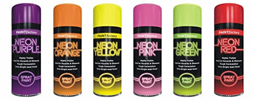HitlineUK Neon Spray Paint 6 CANS OF FLUORESCENT NEON SPRAY CAN PAINT 200ML GRAFFITI EXTRA BRIGHT Yellow Green Orange Pink Red Purple