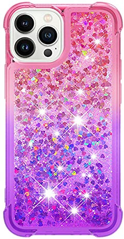 iPhone 13 Pro Case Glitter 3D Cute Bling Sparkle Quicksand Flowing Liquid Clear Transparent TPU Gel Silicone ShockProof Protective Phone Cover for iPhone 13 Pro Case Girls, Pink & Purple