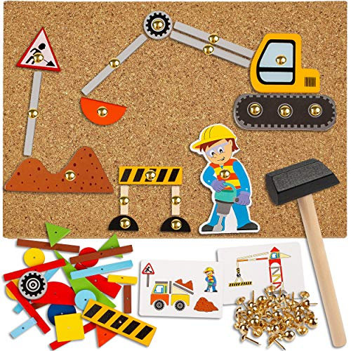 alles-meine.de GmbH Hammerspiel - 153 Teile Baustelle & Auto/für Kinder - Klopfspiel Nagelspiel - Hämmerchenspiel - Holz bunt Nagel Hammer - Hämmerchen mit Korkplatte & Vorla..
