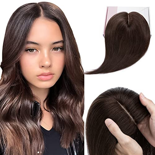 Elailite Clip in Toupet Frauen Haarteil Echthaar Topper Seide Basis 25cm 35g Dunkelbraun Clip in Extensions Haarverlängerung 130% Dichte Remy Silk Base Glatt 10 (#02 Dunkelbraun)