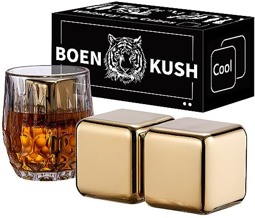 Whisky Steine – 2 große 64 cm³ wiederverwendbare Edelstahl Metall Eiswürfel Getränke kühl Whisky steine für Rotwein, Bier, Scotch, Wodka-Getränke – Golden