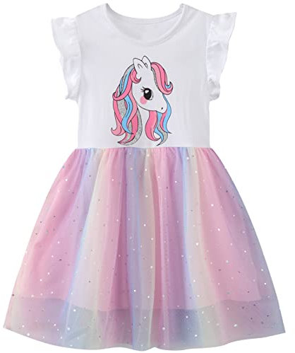 Baogaier Kleider Mädchen Einhorn Pailletten Tüllkleid Sommer Kleid Ärmellos Baumwolle Gr. 110-116 Glitzer Sommerkleid T-Shirt Ballkleid Tüll Rock mit Rosa Farbverlauf für 5-6 Jahire, Weiß