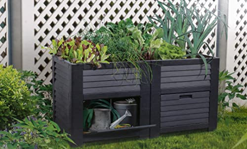 Hochbeet aus Kunststoff in Holzoptik für Garten, Balkon, Terrasse, Pflanz-Volumen max. 400 l, max. Tragkraft 204 kg, 2 Wasserablauf-Systeme, 4 Klapptüren