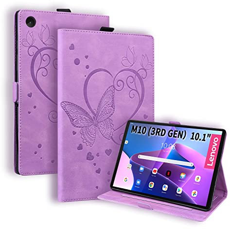 Auslbin Custodia per Lenovo Tab M10 3rd Gen 10.1 Pollici 2022 Cover e Tasca Libro e Motivo a Farfalla di Multi-Angoli Compatibile con per Lenovo M10 3a Generazione,Porpora