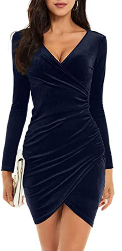 Niwicee Womens Dress Velvet Ruched Bodycon Dress V Neck Long Sleeve Wrap Dresses Mini Prom Dress Ladies Elegant Evening Dress Cocktail Party Midi Dresses(Navy,L)