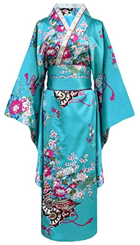 Bon amixyl kimono japonais femme Traditionnelle Jeune Dame Yukata avec Robe Costume cosplay de Peignoir Satiné Bleu