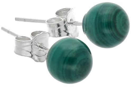 Edelstein Ohrstecker in 925er Silber | Kugel/Perle 6 mm Durchmesser | Ohrringe mit Verschluss (Malachit)