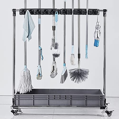 Mstiyx Broom and Mop Holder, Storage Rack for Cleaning Tools, Floor-Standing Put Wet Mop Storage Rack, Commercial Movable Cleanin Tool Cart for Garages Hotels Schools Restaurants (Size : 8 shots)
