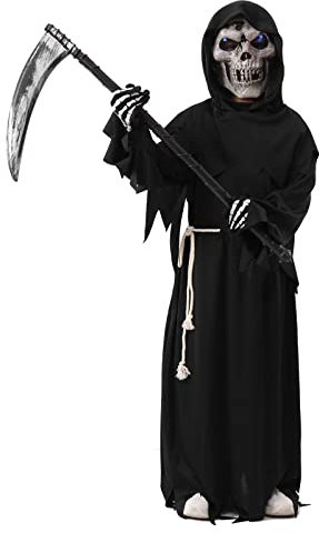 ZUCOS Sensemann Kostüm Sense Schädelmaske SchädeHandschuhe, Unisex Kostüm Grim Reaper für Halloween Party Dekoration (Schwarz, 7-9 Jahre)