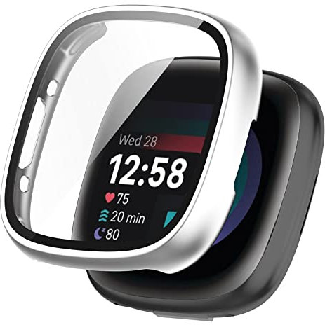 KUTEWEU Hülle Kompatibel mit Fitbit Versa 4/ Fitbit Sense 2, 9H Härte Mit Glasfolie Schutzfolie Anti Kratzen PC Cover Schutzhülle Case für Fitbit Versa 4/ Sense 2 Smartwatch (Silber)