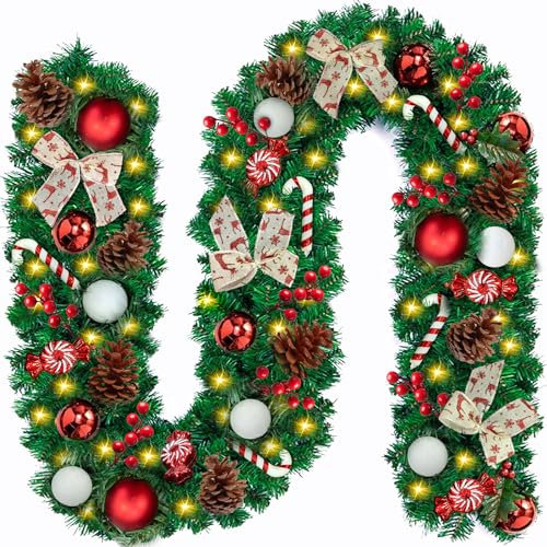 FAMKEEP Weihnachtsgirlande,2.7M Tannengirlande künstlich mit 50 LED Beleuchtung, Künstlich Adventskranz, Künstliche Girlande Weihnachtsdeko, Kränze für Weihnachten, Treppen, Tür, Garten, Kamine