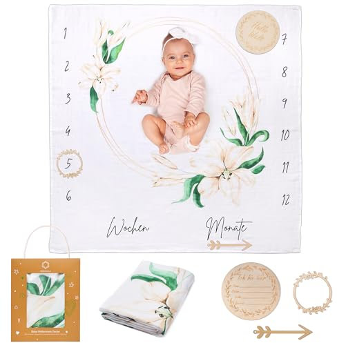 ODOXIA Baby Meilenstein Decke auf Deutsch | Baumwolle Musselin Tuch | Pucktuch | Monatsdecke Baby Junge & Mädchen, Unisex | Blättern & Rahmen | Geschenk Für Mütter | DE