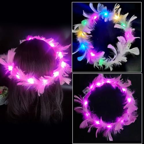 Cerioll LED Fleur Guirlande Cheveux, Guirlande De Plumes Bandeau, Guirlande De Plumes Lumineuses Pour Femmes Filles Adultes Enfants Fête De Mariage Festival Accessoires Photo Props(2 Couleurs)