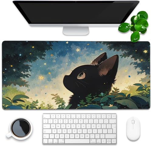 KOAIWPAE Schreibtischunterlage, Anime, niedliche schwarze Katze, Gaming-Mauspad, groß, 89,9 x 39,9 cm, rutschfest, Stoff und Gummi