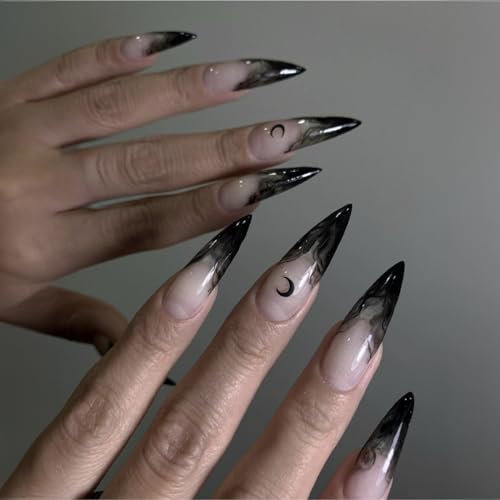 Faux Ongles Long MouyouGlow,Stiletto Halloween Lune Sorcière Nude Dégradé Noir Gothic Press on Nails avec Colle à Ongles,Vampire Gradient Black Fake Nails