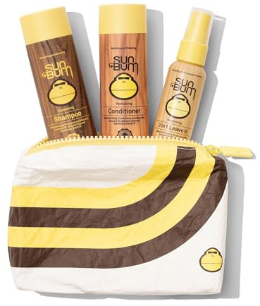 Sun Bum Hair Care Travel Essentials Kit - Revitalize Your Hair With Revitalizing Shampoo, Conditioner, and 3-in-1 Leave In Treatment - Includes Aloha Collection Travel Pouch