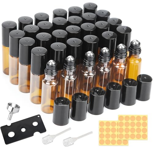 DKBT 32 Stk Roll on Flasche Leer 5ml on Glasflaschen mit Edelstahl Bällen | Roll on Glasflaschen für Ätherisches Öl Braun Flaschen mit Edelstahl-Roller Ball für Ätherische Öle Lotionen Parfüm Massage
