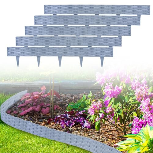 LZQ Rasenkante Beeteinfassung Rund Kunststoff, Beeteinfassung Beetumrandungen 10m Rattan-Design Palisaden mit 10 Elemente á 100 cm, Grau