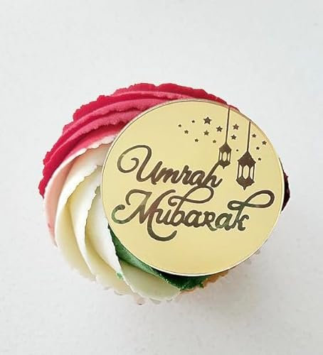 6 Pcs Gold Umrah Mubarak Cupcake Discs, Acrylic Reusable Cupcake Toppers, Cake Toppers, Cake Decorations.