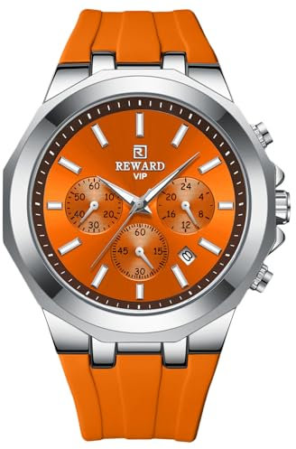 RORIOS Montres Moda pour Homme Montre de Poignet Sport Quartz Montre Multifonction Chronographe Montre Décontracté Lumineuses Bracelet en Silicone Orange