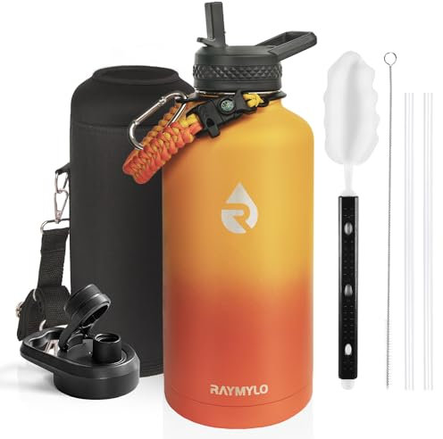 RAYMYLO Insulated Water Bottle 87 oz, Triple Wall Vacuum Stainless Steel (Cold for 48 Hrs), Leak Proof & BPA-Free, Modern Water Flask Jug with Paracord Handle & Straw Spout Lids, Ombre Orange